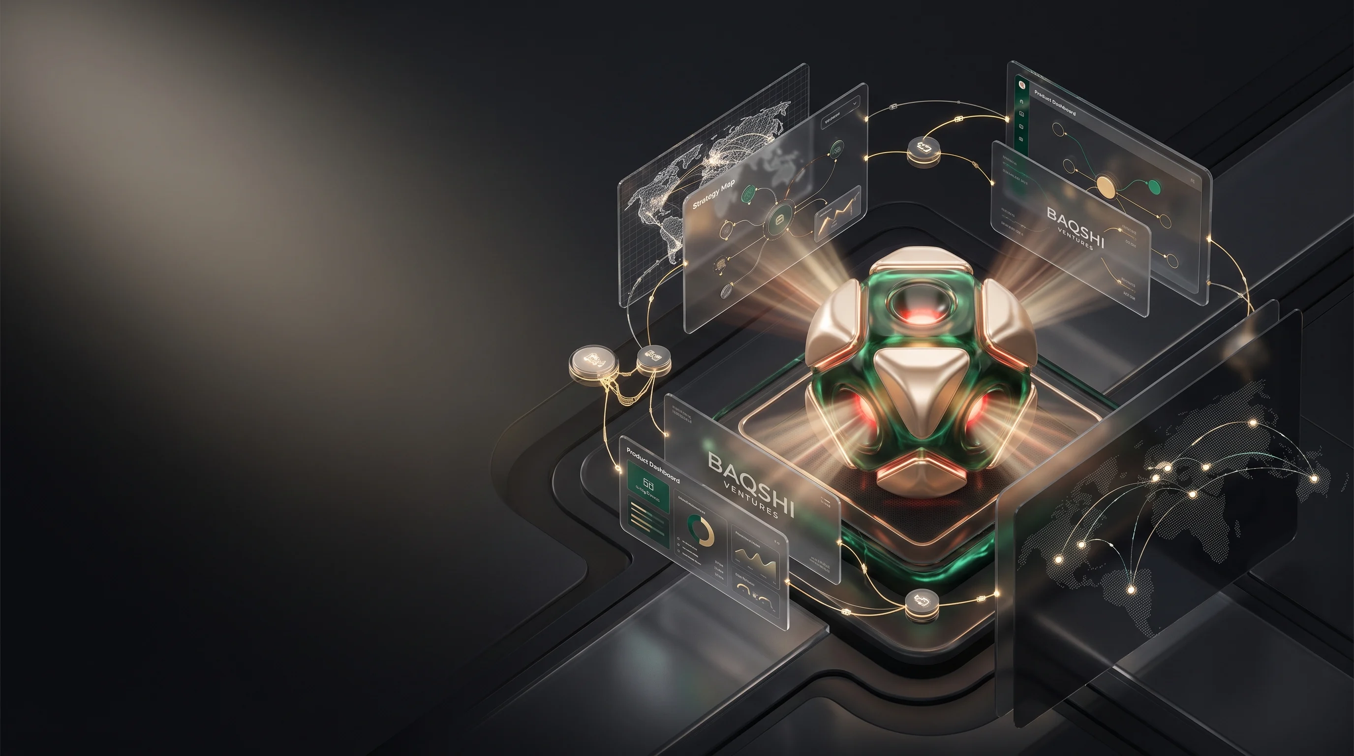 A golden venture core surrounded by floating strategy maps, product dashboards and global connections — the Baqshi venture engine.