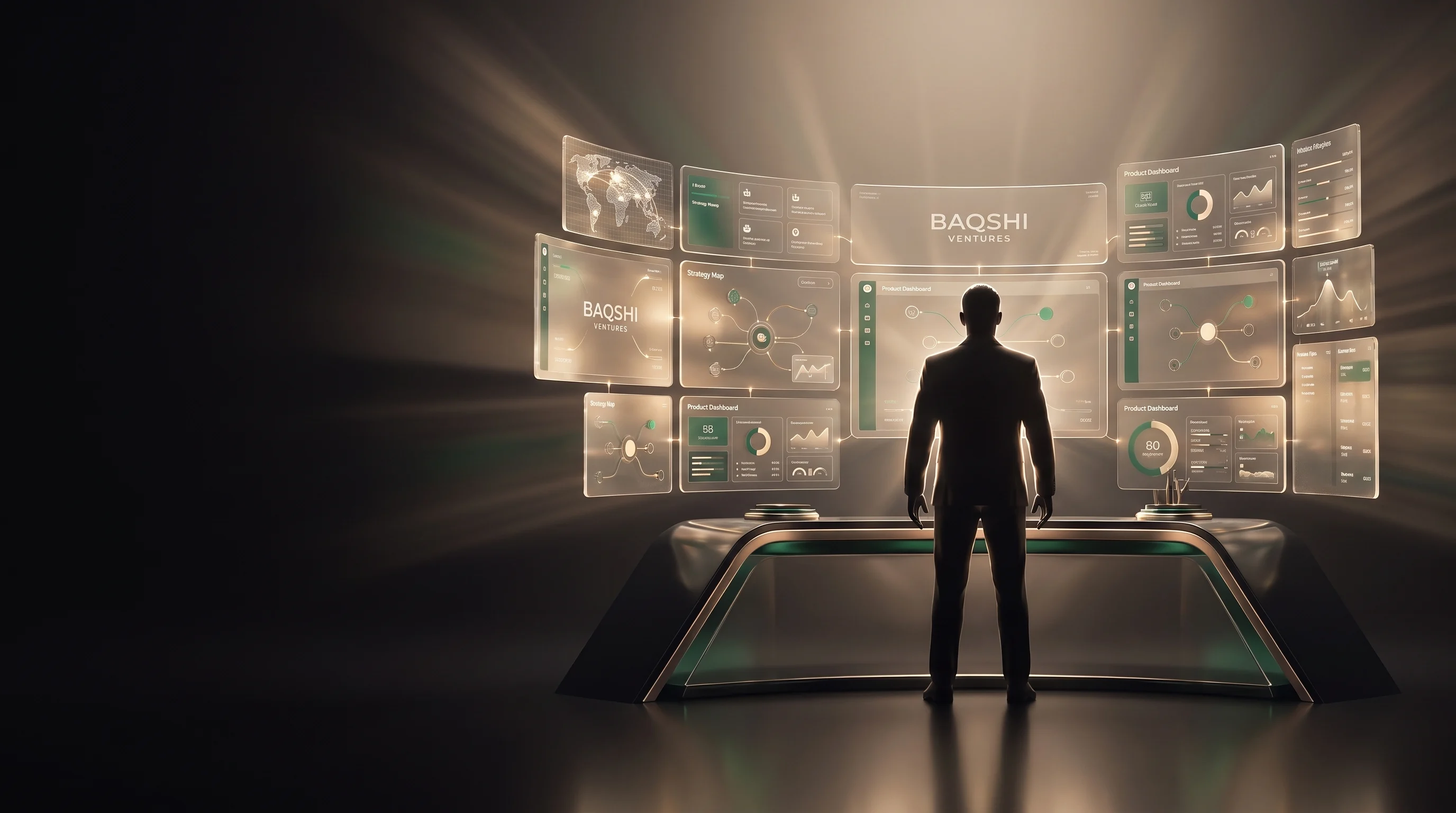 A founder silhouette before a curved wall of glass venture boards and dashboards.