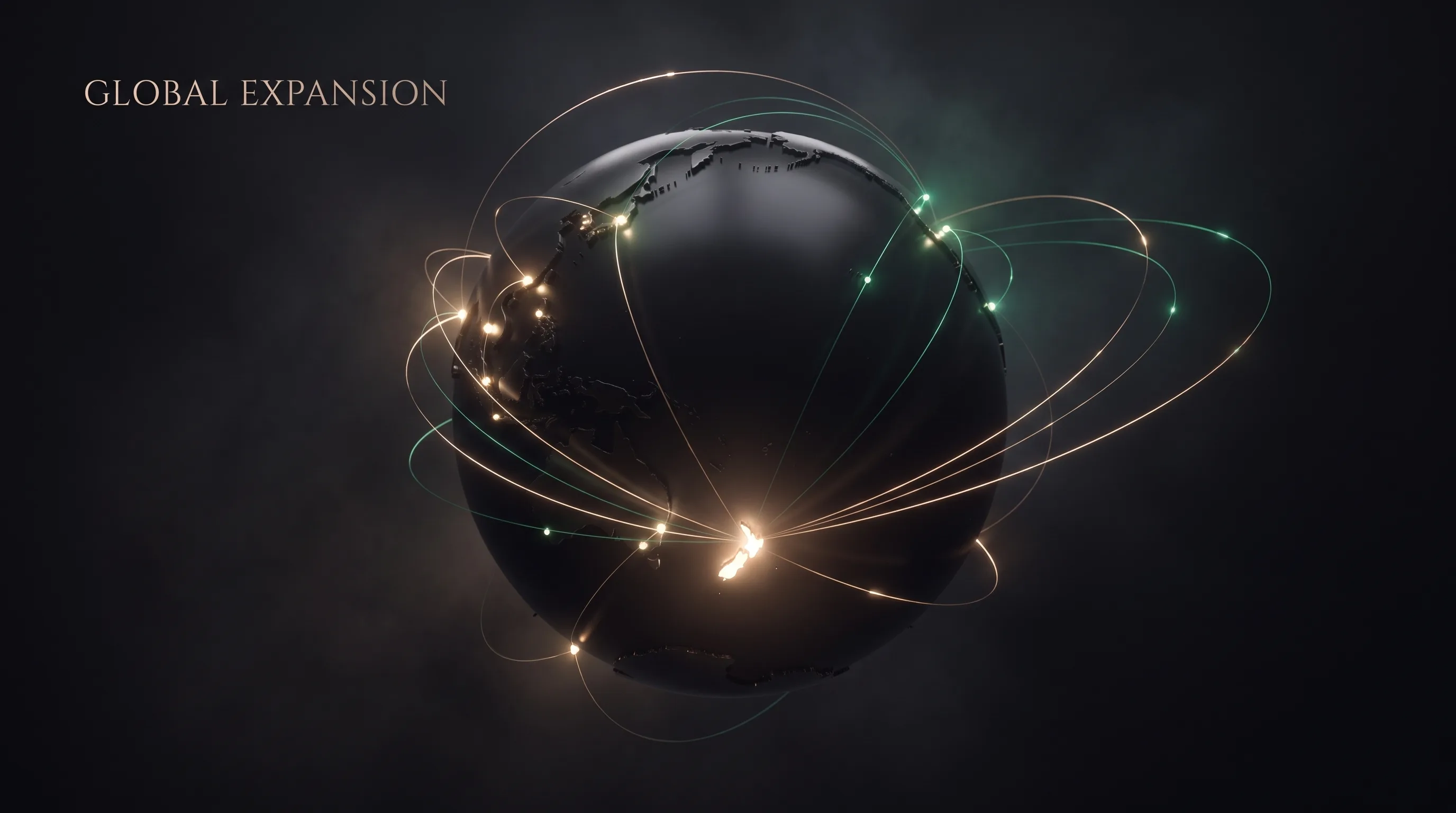 A dark globe where New Zealand glows first, connecting by golden arcs to global markets.